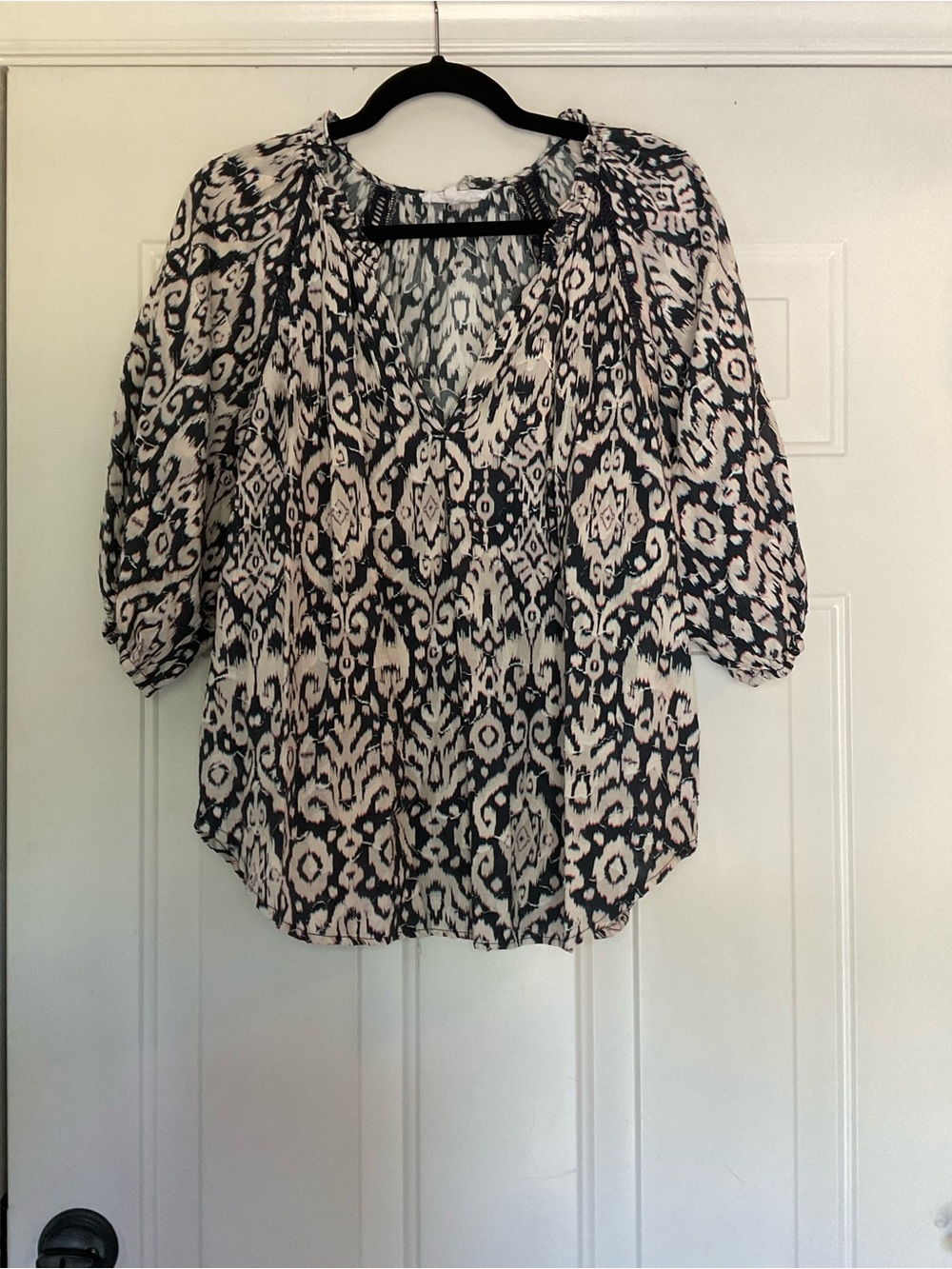Dear John XL Ikat Print Boho Peasant Blouse 3/4 Balloon Sleeve Cotton Top